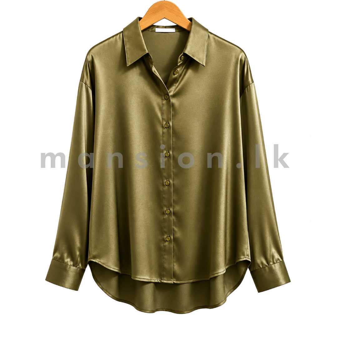 web template (3) Olive Luxe Satin Button-Up Blouse - Image 1