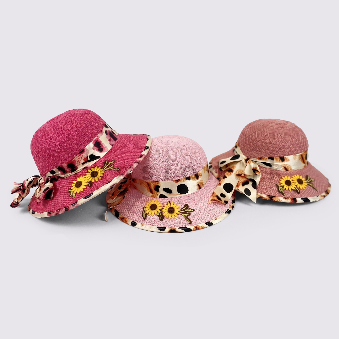 KH 0841 2 Girls Summer Hat with Leopard Print Ribbon - Image 1