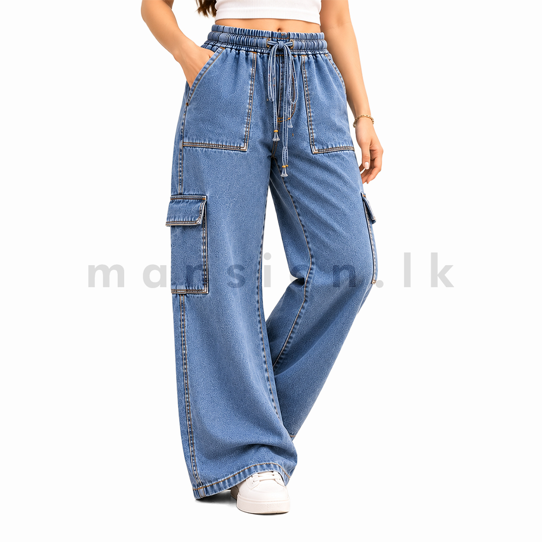 121212 Women's Wide-Leg Cargo Jeans - Mid Blue - Image 1