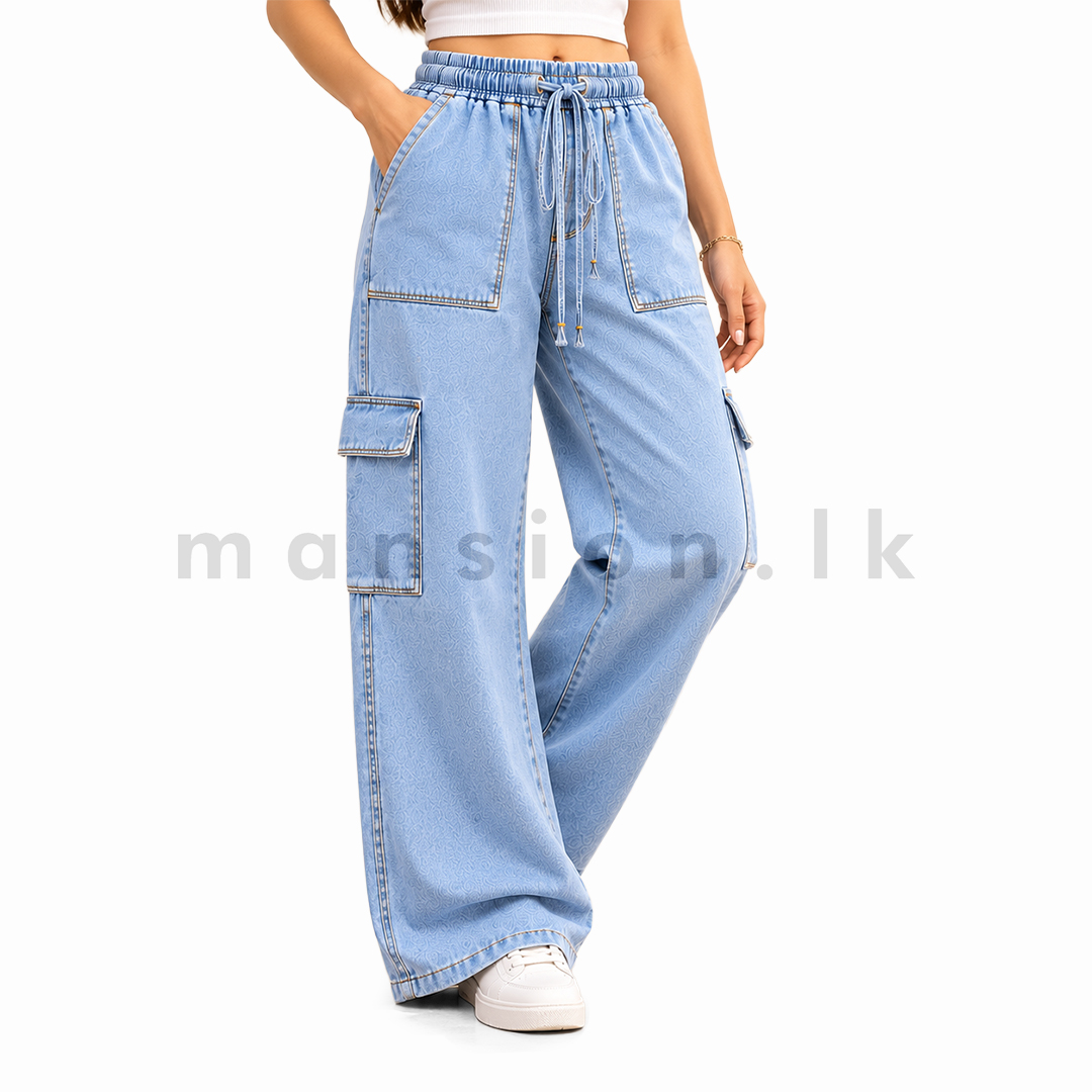 121213 Women's Wide-Leg Cargo Jeans - Ice Blue - Image 1